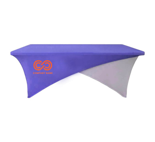 A purple and grey stretch table cloth designed for an 8ft table, featuring a logo on one side.