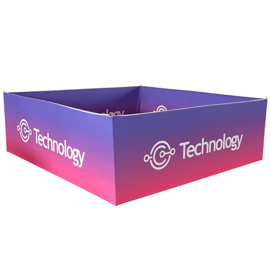 A square hanging banner in gradient purple and pink featuring a logo on the side.