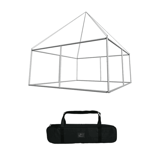 A square hanging banner frame in silver, accompanied by a black carrying bag.