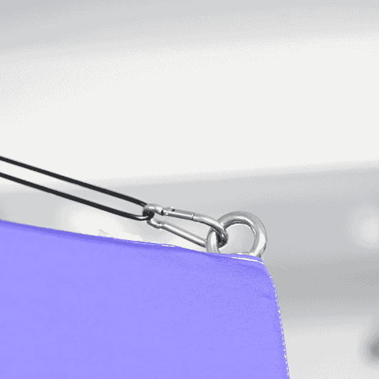 A square hanging banner in vibrant purple, featuring a hook and attachment point for display.