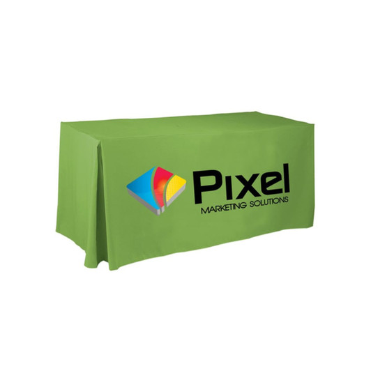 A green 4ft tablecloth with pleats and a logo emblazoned on the front.