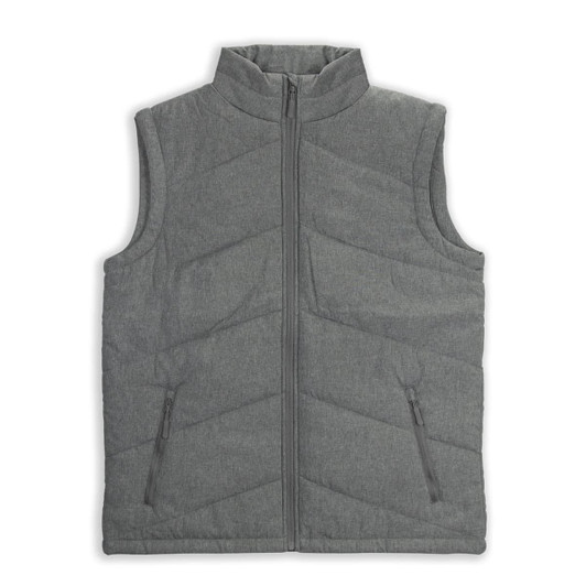 A grey puffer vest featuring a zip closure and side pockets. The vest has a chevron quilted pattern and a high collar.