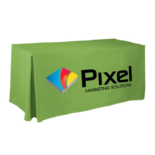 A green 4 side pleated tablecloth for a 6ft table, featuring a logo on one side.