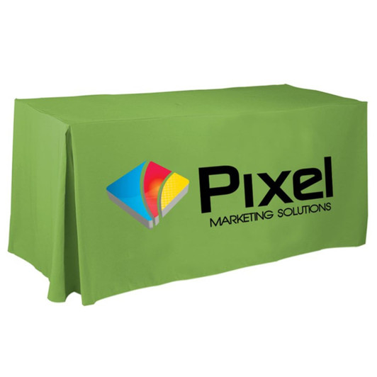 A green 8ft tablecloth featuring pleated sides and a logo, designed for promotional purposes.