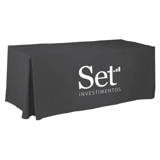 A black 8ft tablecloth with pleated sides and a logo printed on the front.