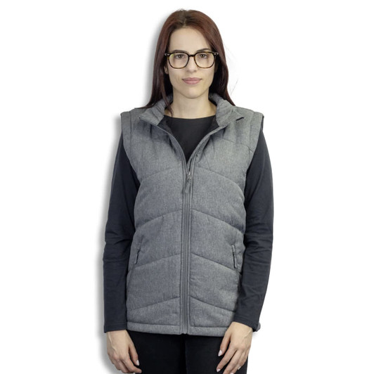 A grey puffer vest with a zip front and side pockets, featuring a logo on one side.