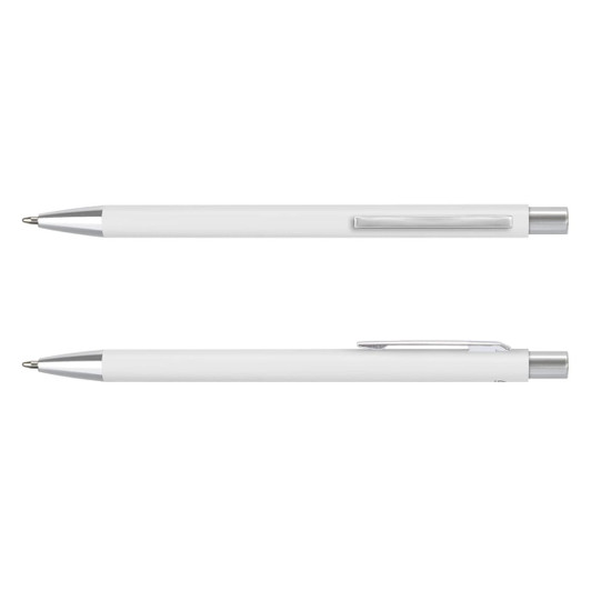 A metal pen featuring a sleek white body and silver accents, with a clip for easy attachment.