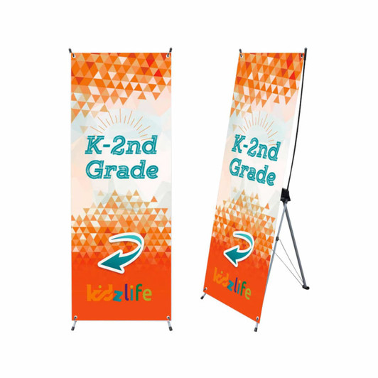 A medium X-frame banner featuring a geometric design in orange and white with a branding logo.