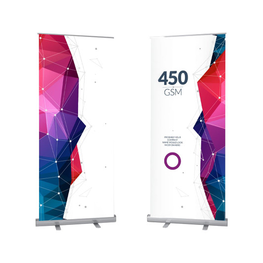 A pull-up banner featuring a geometric design in vibrant pink, purple, and white colours. It has a logo at the base.