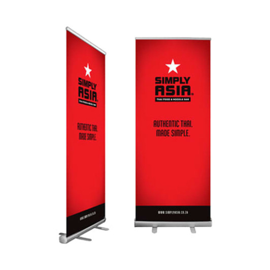 A red pull-up banner with a logo and branding at the top, featuring a sleek design.