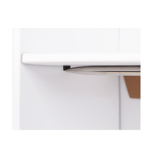 A close-up of a silver shelf bracket attached to a white cardboard display, showcasing minimalistic design.