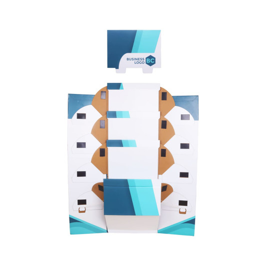 A premium cardboard floor display with a base, featuring a mix of white and teal colours and multiple shelves.