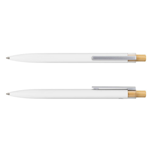 A metal pen featuring a white barrel and bamboo details, with a clip and branding logo.