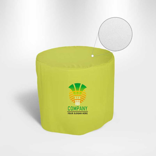 A round fitted table cover in bright green, featuring a logo and a textured detail highlighted.