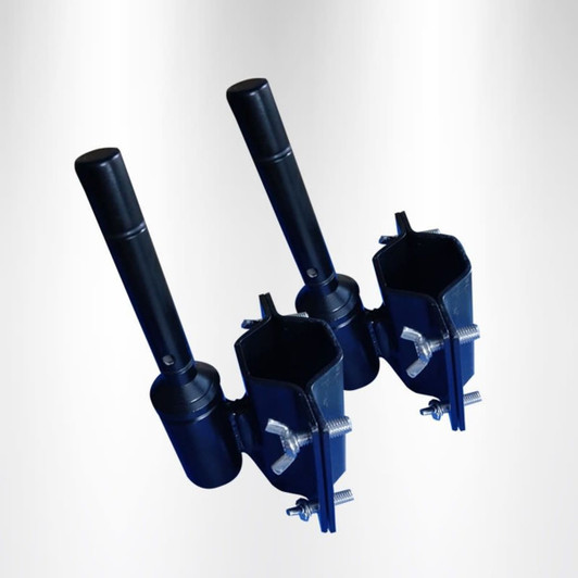 Two black clamps with handles for securing equipment, featuring adjustable screws for attachment.