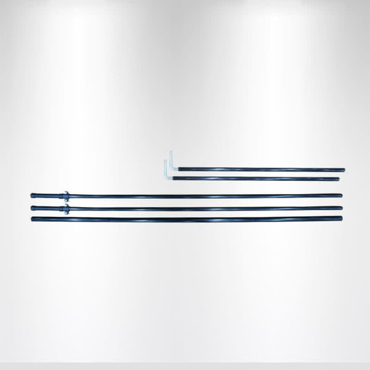 A collection of black tent poles, including a L-shaped piece, arranged neatly against a light background.
