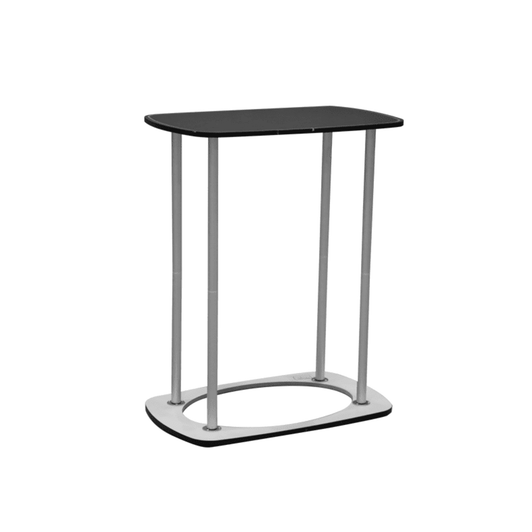 A black tabletop with silver legs, featuring a modern design and a circular base. Ideal for exhibitions and events.