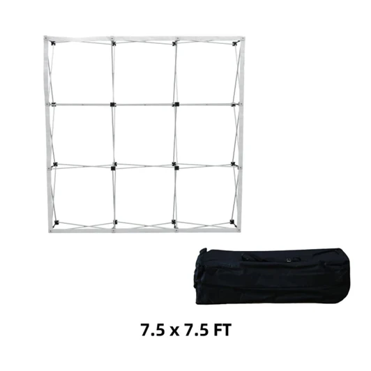 A rectangular popup display frame in silver, 7.5 x 7.5 ft, next to a black carrying bag.