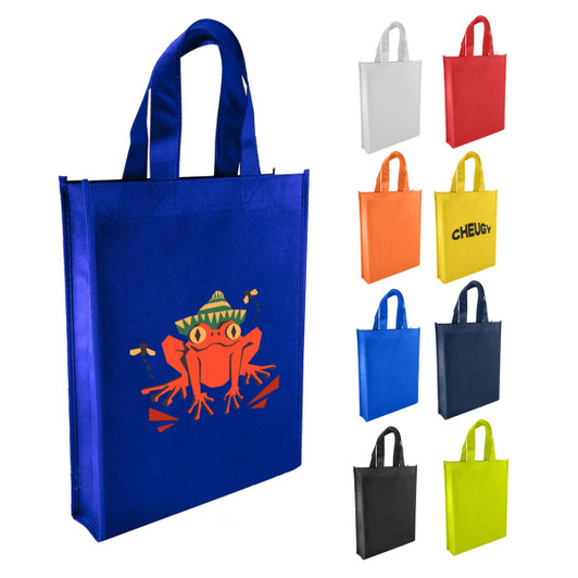 A blue non-woven trade show bag featuring a frog design, with additional bags in white, red, orange, blue, and black.