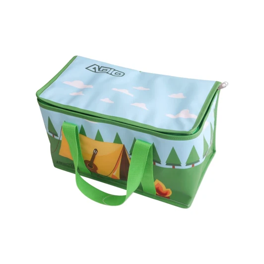 A cooler bag in green and blue, featuring a camping design with trees and a tent, and has a logo on it.
