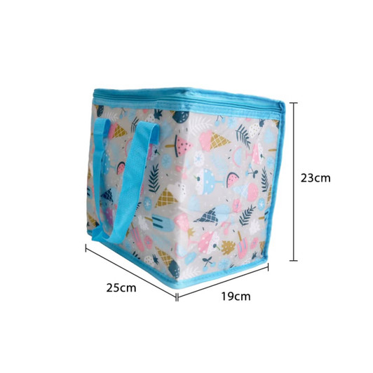 A full-colour polyester cooler bag with a blue trim and assorted colourful patterns. Dimensions: 25cm x 19cm x 23cm.