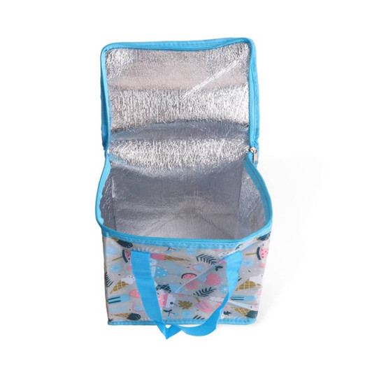 A polyester cooler bag in blue, featuring a colourful pattern and a silver insulated interior. It has a zip closure and handles.