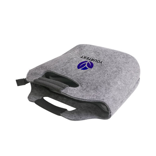 A grey felt cooler bag with a handle, featuring a logo on the front.