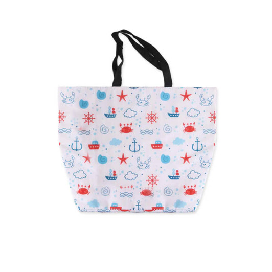 A polyester cooler tote bag featuring a nautical design with red, blue, and white elements. It has black handles and a logo.