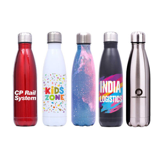 A drink bottle collection featuring a red, white, blue, black, and stainless steel design, each with unique branding.