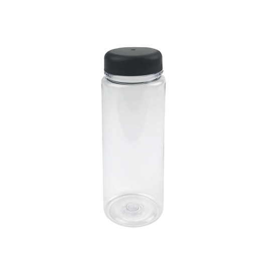 A drink bottle with a clear body and a black lid, designed for infusing beverages. It features a branding logo.