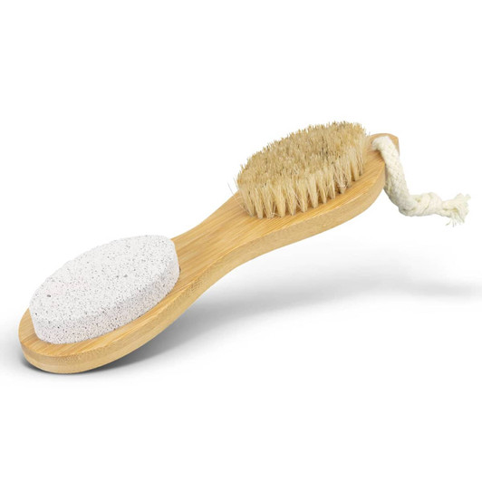 A NATURA pedicure tool featuring a bamboo handle, a brush, and a pumice stone, with natural bristles and a white stone.