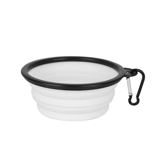 A collapsible silicon bowl in white with a black rim, featuring a carabiner attachment.