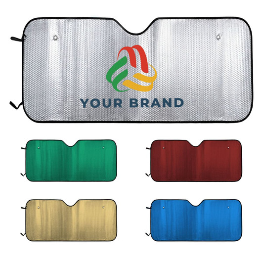 A silver bubble aluminium car sunshade with a logo in the centre, available in green, red, gold, and blue options.