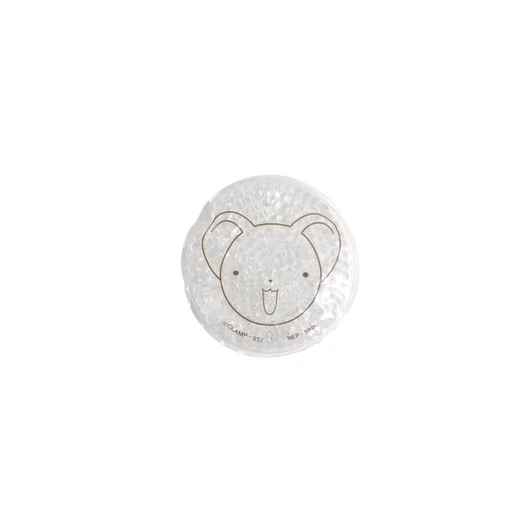A transparent gel cold/hot pack featuring a cute bear face design, with a textured surface and a logo.