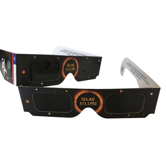 Custom solar eclipse glasses in black with a starry design and a protective viewing filter. Features a logo on the side.