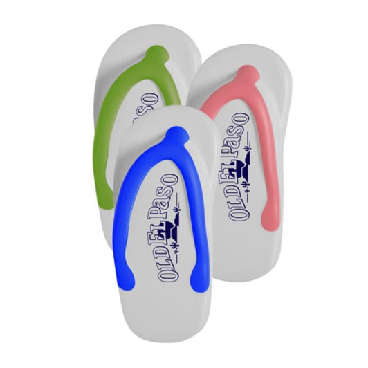 A set of three stress reliever flip-flops in green, blue, and pink, featuring a logo on the surface.