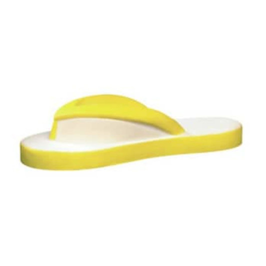 A yellow and white flip-flop shaped stress reliever with a simple design and a logo on it.