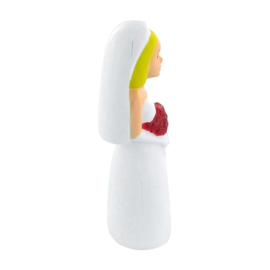 A white wedding bride stress reliever with blonde hair and a red bouquet, featuring a side profile view.