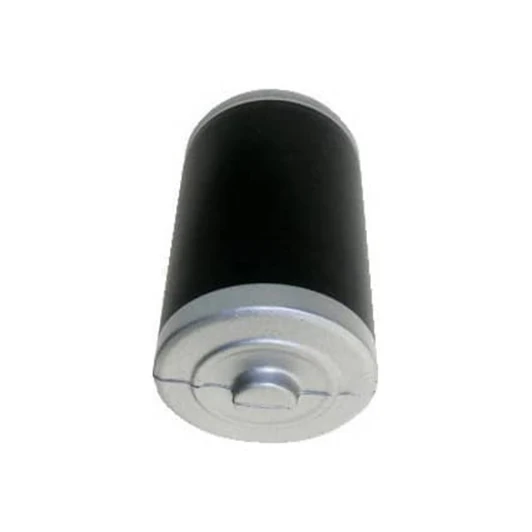 A battery-shaped stress reliever in black and silver, featuring a metallic base and a smooth surface.