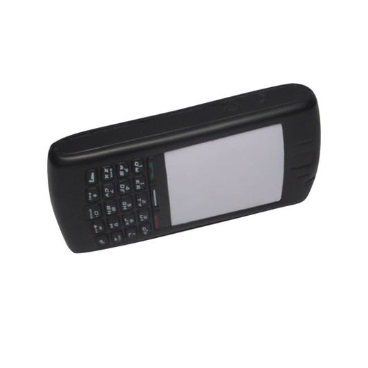 A black mobile phone-shaped stress reliever with a logo, featuring a keypad and a blank screen.