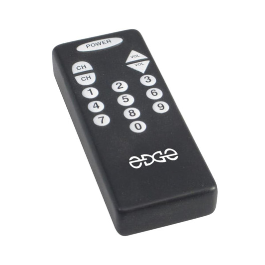 A black remote control shaped stress reliever with buttons and a logo on one side.