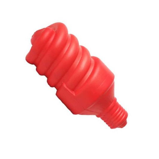 A red stress reliever shaped like an electrical saving lamp, featuring a logo.