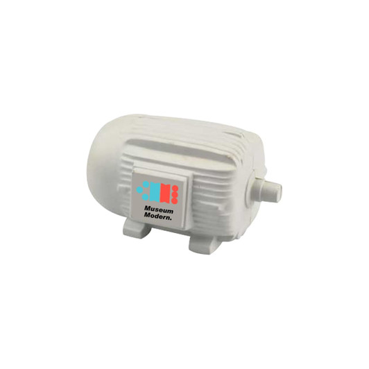 An engine-shaped stress reliever in white, featuring a logo and designed for fun and stress relief.