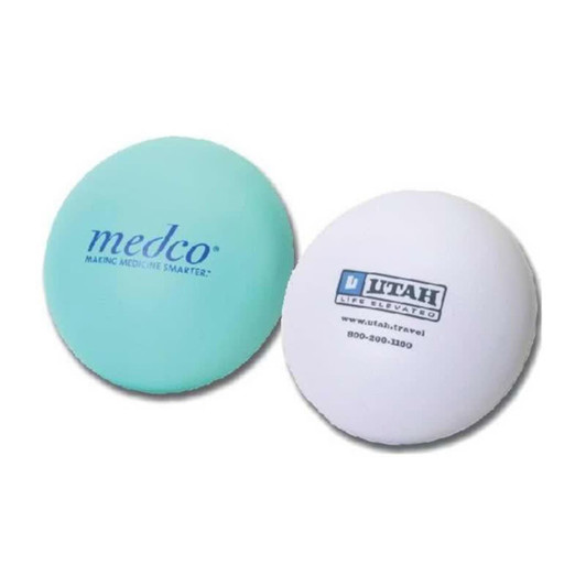 A tablet-shaped stress reliever in mint green and white, featuring two different logos.