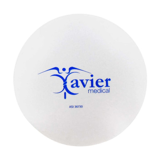 A white stress ball shaped like a tablet with a blue logo on one side.