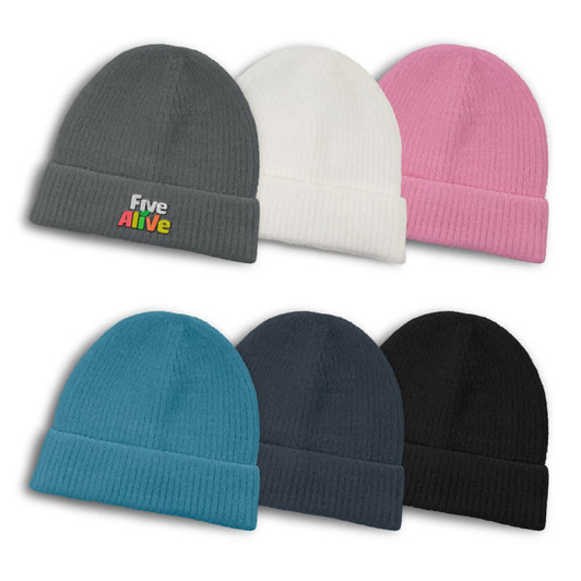 A collection of Avalanche Brushed Kids Beanies in grey, white, pink, teal, dark grey, and black, featuring a logo.