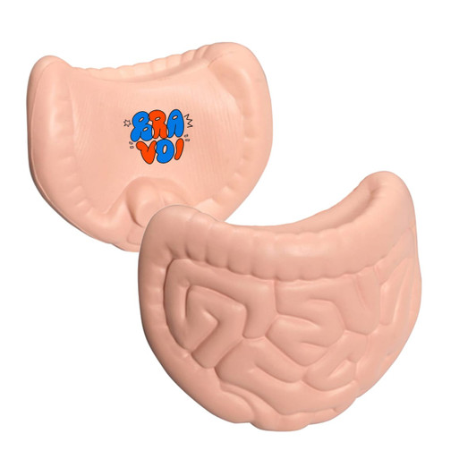 A pink intestines-shaped stress reliever with a playful logo, featuring a textured surface for squeezing.