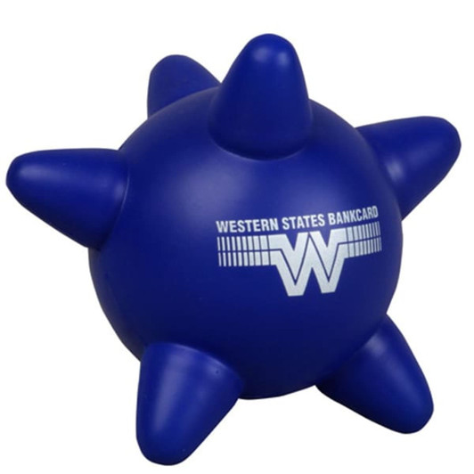 A blue stress ball shaped like a spiky star with a logo on the surface.
