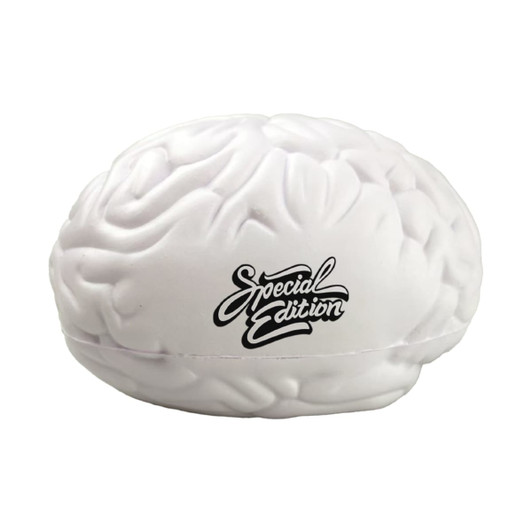 A white brain-shaped stress reliever with a textured surface and a logo on one side.
