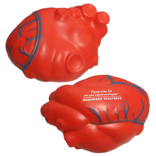 A red heart-shaped stress reliever with a textured surface and a logo on one side. It's soft and squeezable.